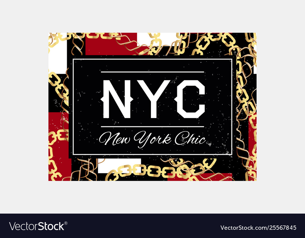 Nyc slogan typography on gold chain pattern vector image Nyc slogan typography on gold chain pattern