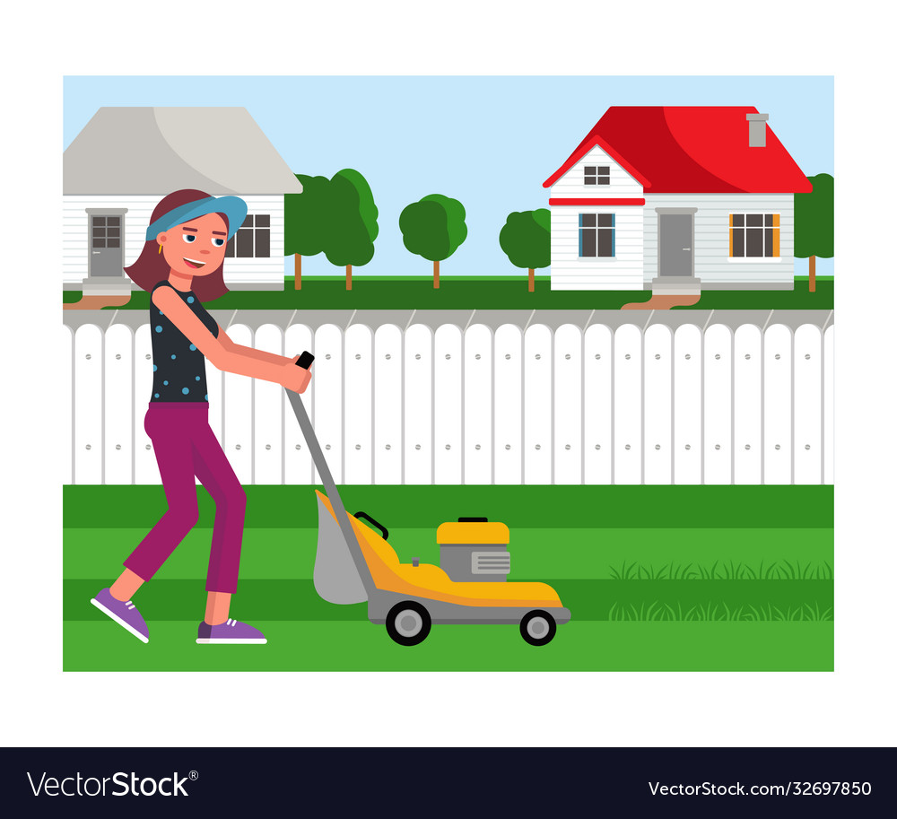 Cartoon friendly smiling young woman mowing grass Vector Image