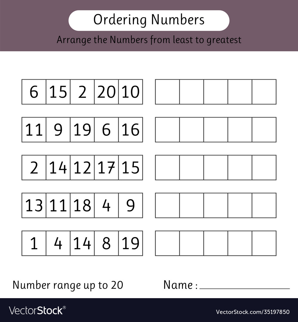 Ordering numbers worksheet number range up to 20 Vector Image