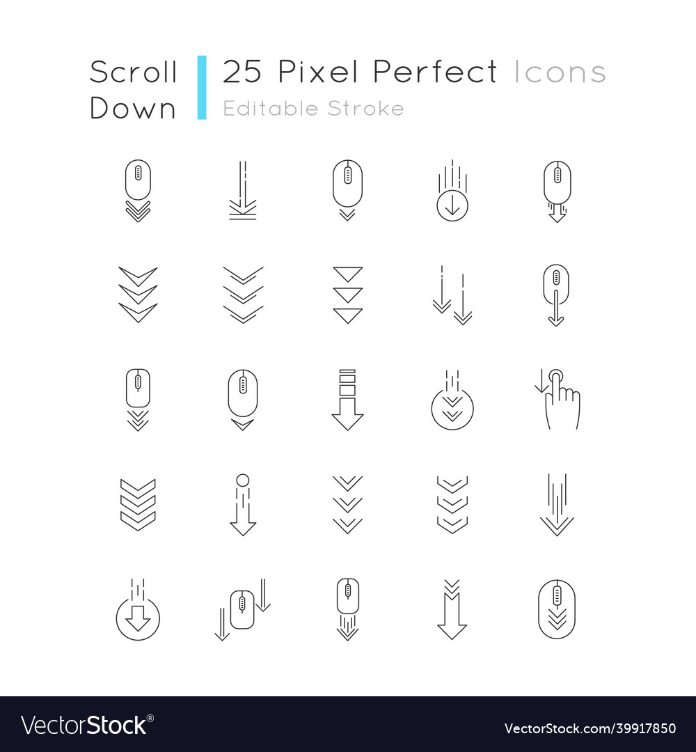 Scroll down pixel perfect linear icons set Vector Image Scroll down pixel perfect linear icons set