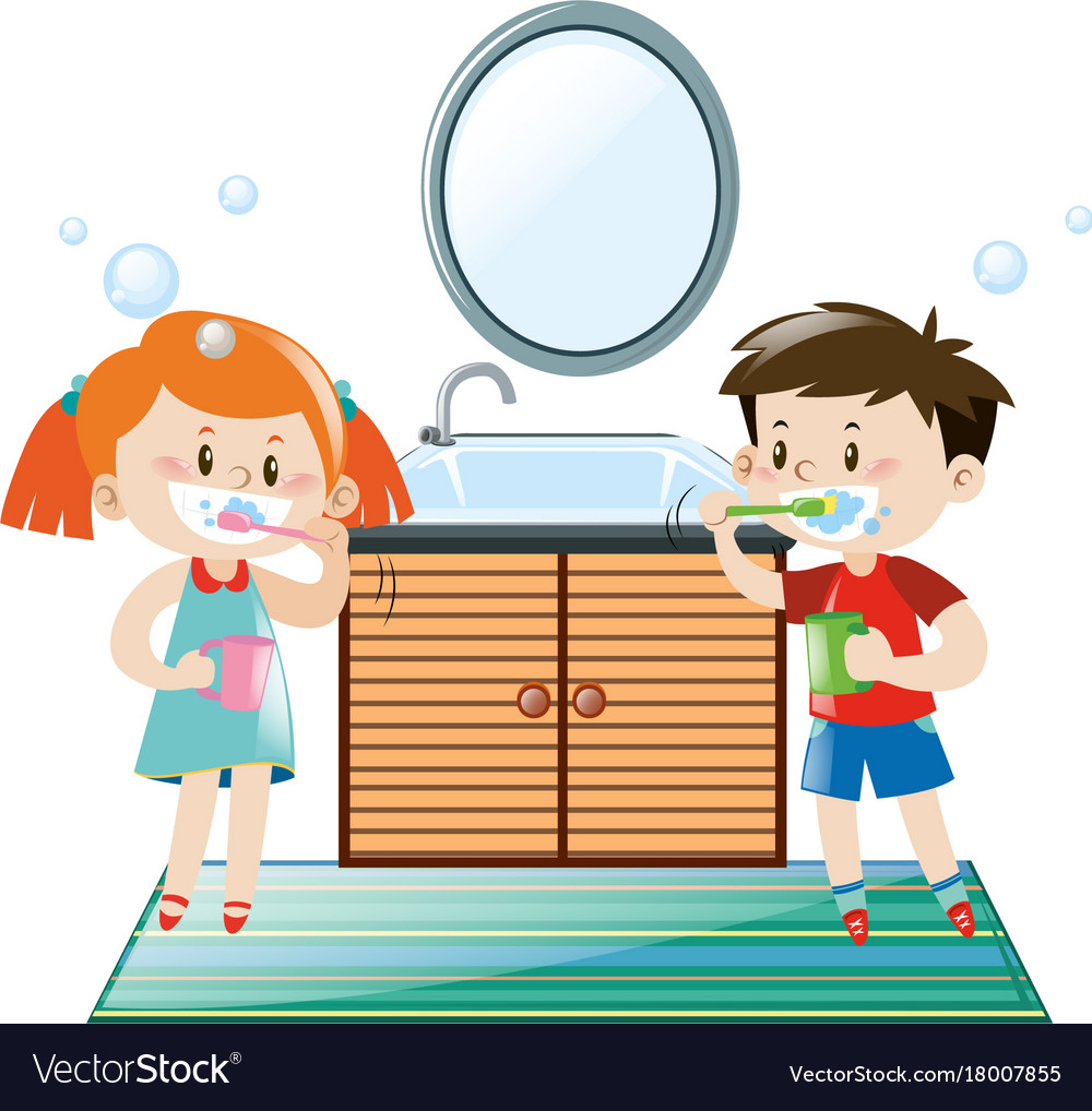 Boy and girl brushing teeth in bathroom Royalty Free Vector