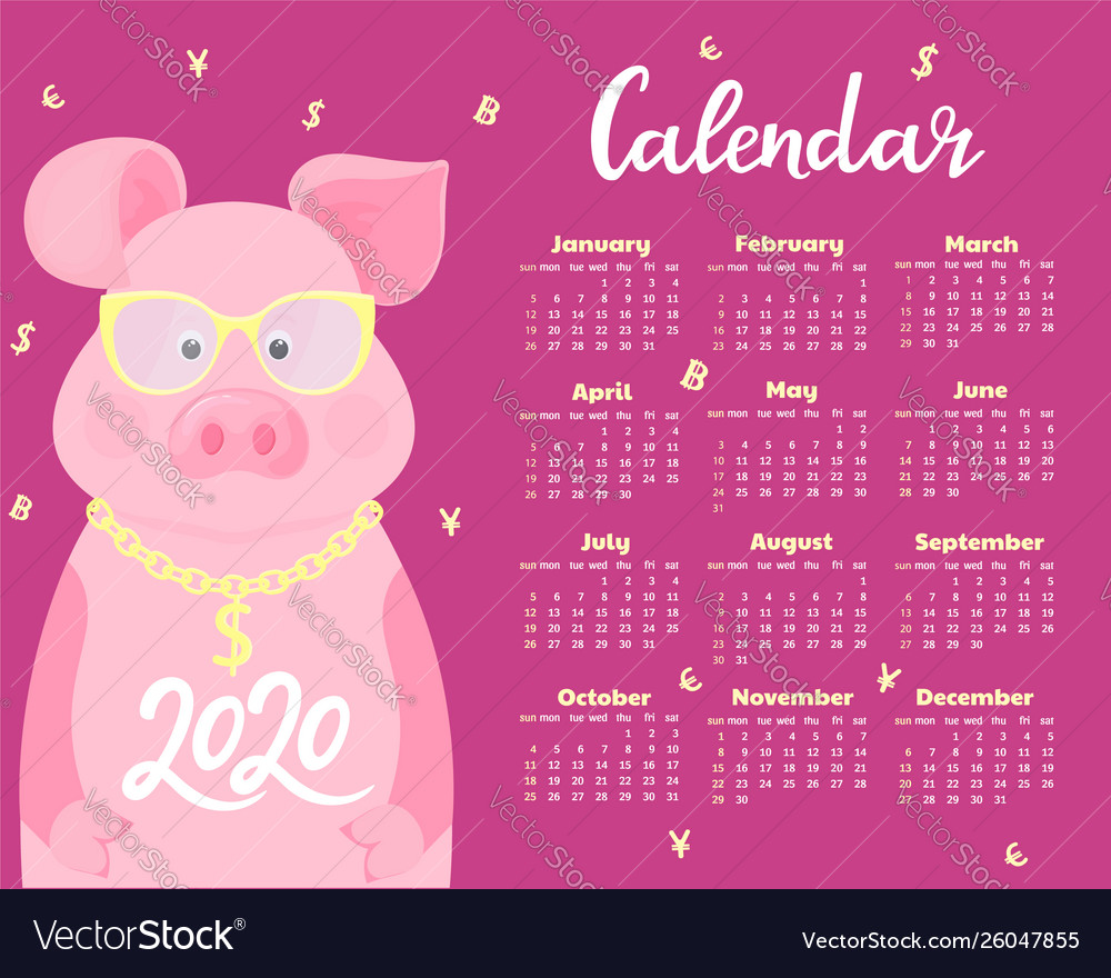 Calendar For 2020 Week Start On Sunday Cute Pig Vector Image