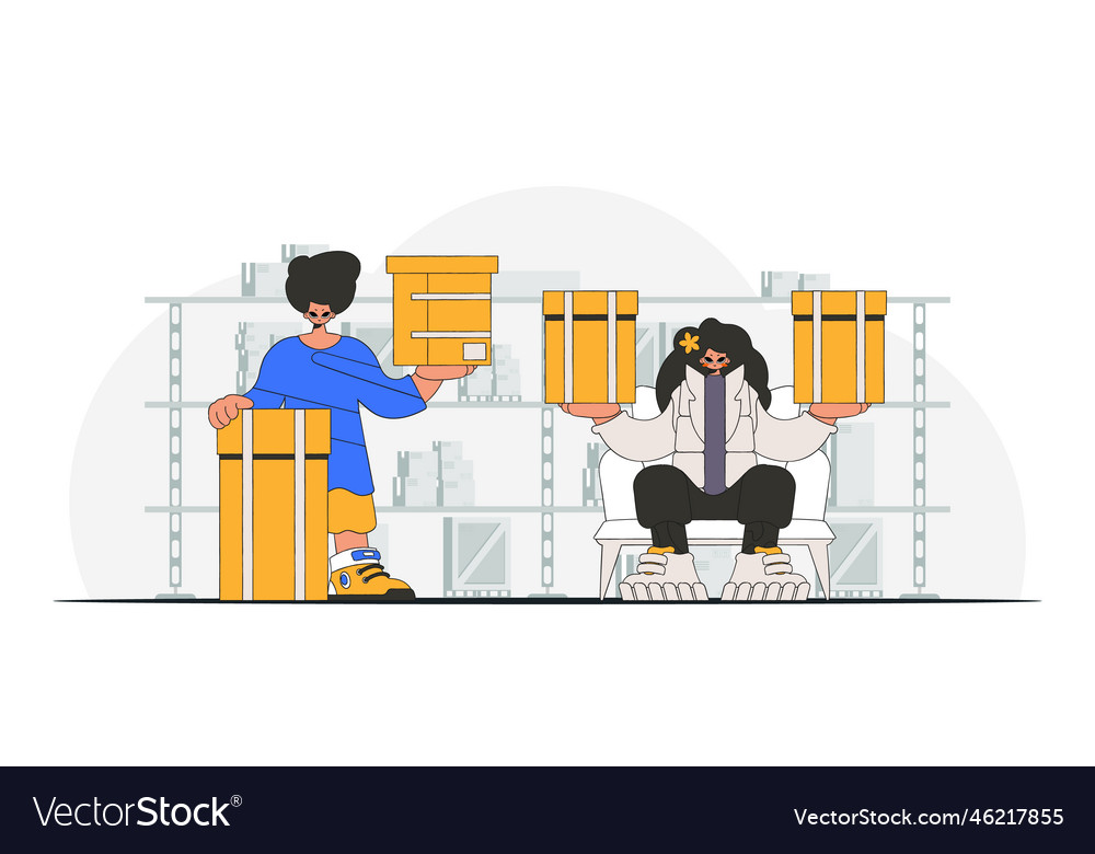 Delightful man and woman are holding boxes parcel