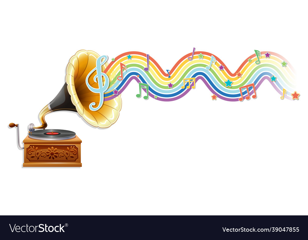 Gramophone with melody symbols on rainbow wave