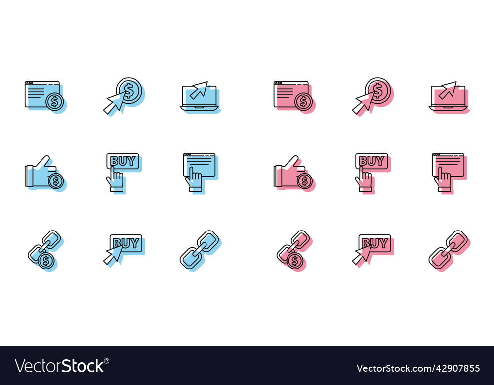 Set line chain link and coin buy button online vector image Set line chain link and coin buy button online