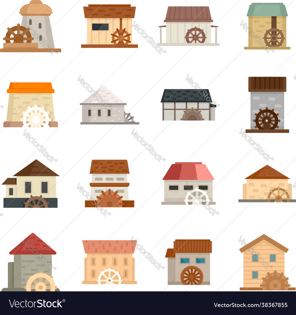 Water Mill Icons Set Flat Isolated Royalty Free Vector Image