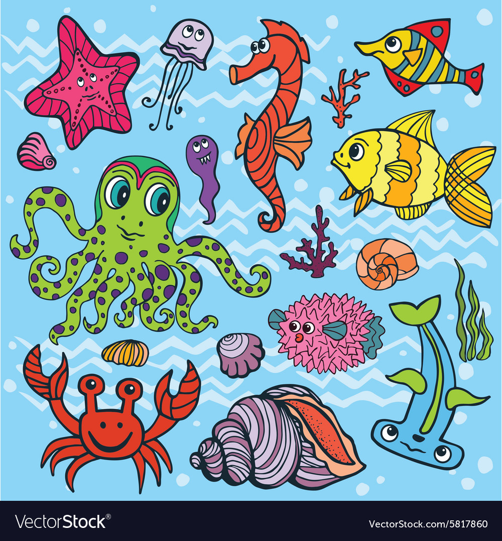 Cartoon funny fish sea life setcolored doodle Vector Image