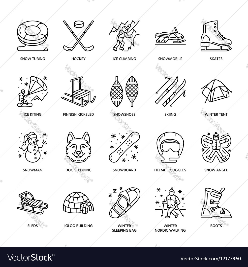 Cute thin line icons of winter sports outdoor