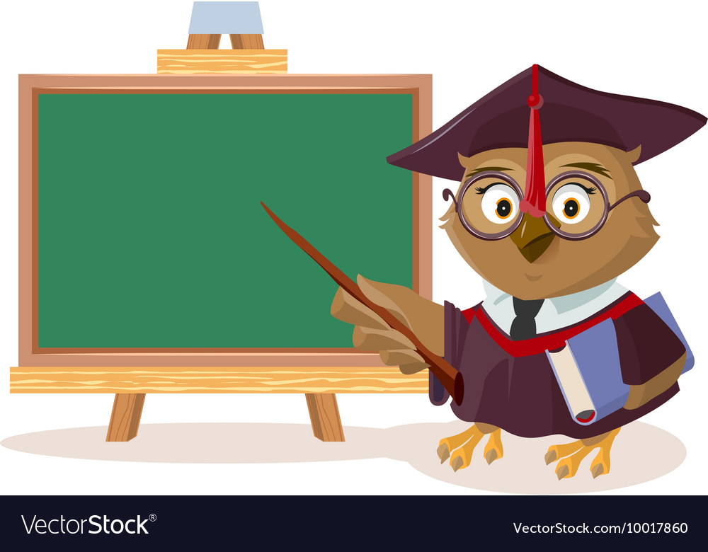 Owl teacher with book and pointer stands near Vector Image