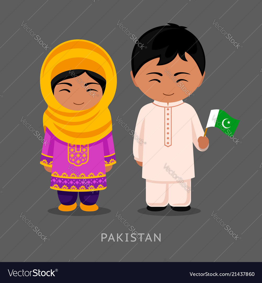 Pakistanis In National Dress With A Flag Vector Image