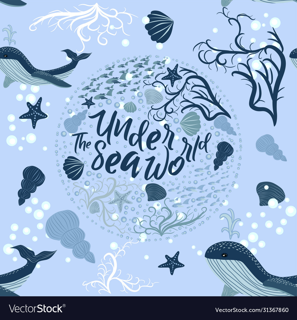 Seamless pattern with underwater animals seaweed