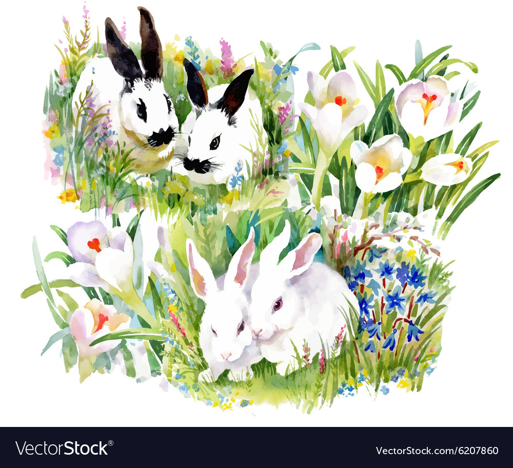Watercolor Rabbits and Flowers