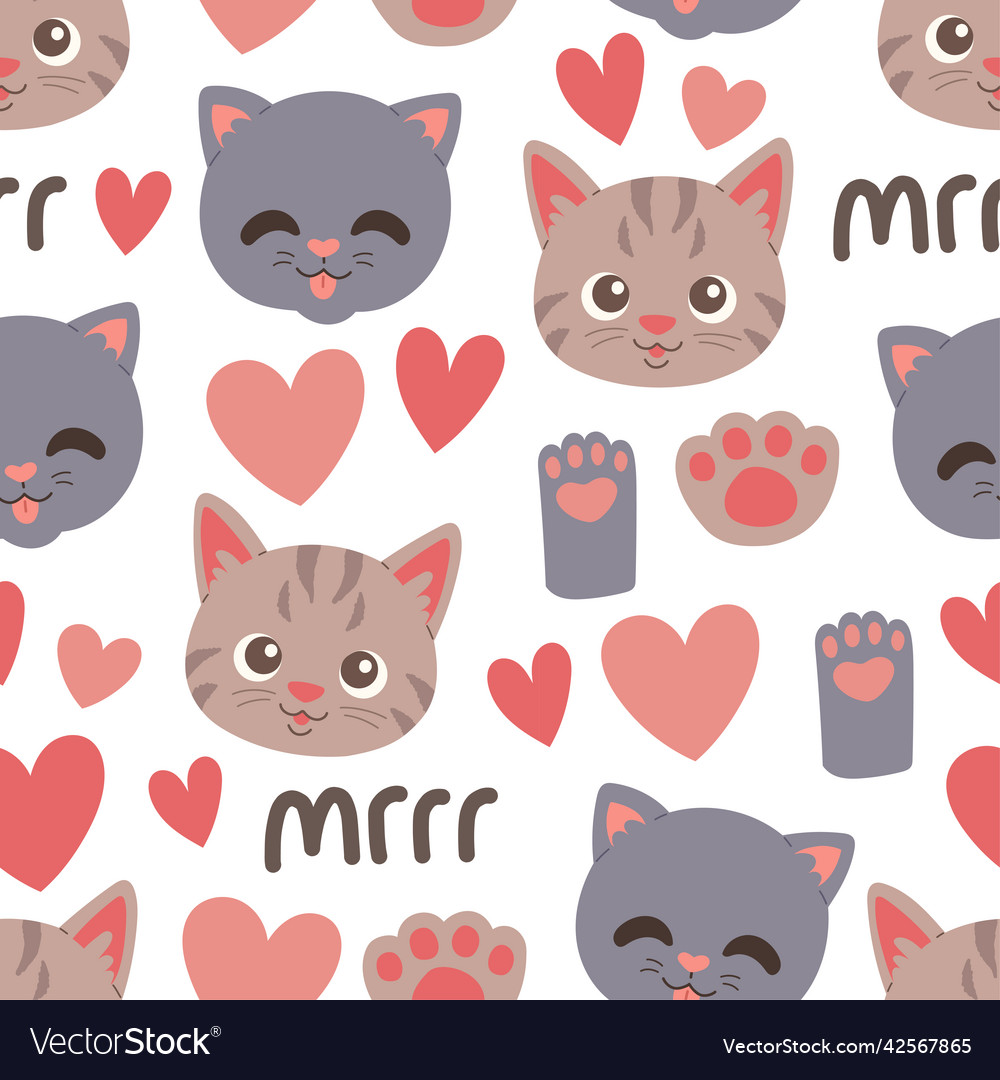 Cat muzzle and paw seamless pattern Royalty Free Vector