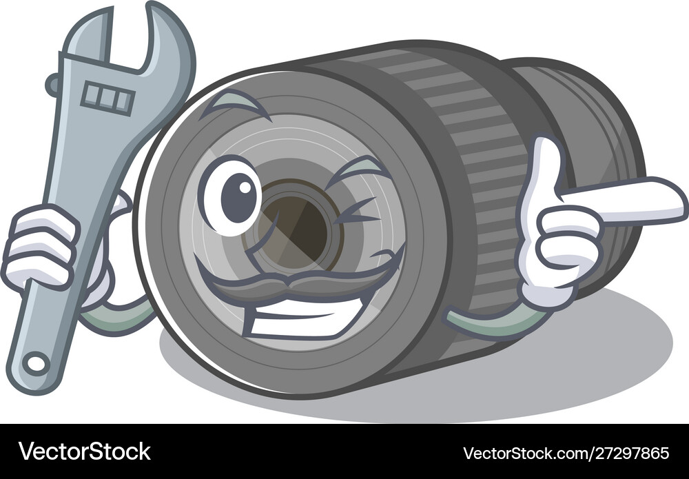 Mechanic zoom lens on mascot table Royalty Free Vector Image