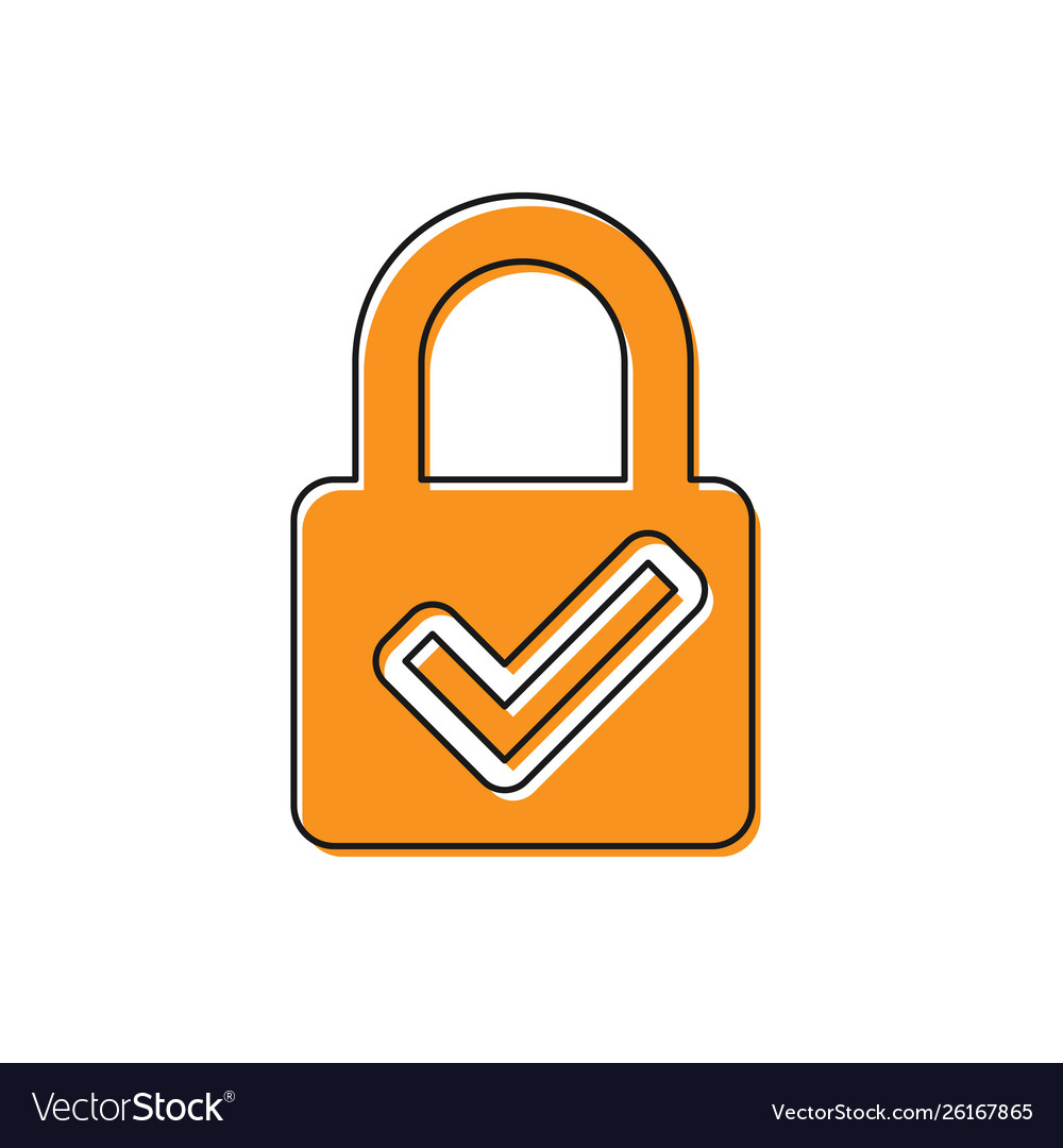 Orange open padlock and check mark icon isolated