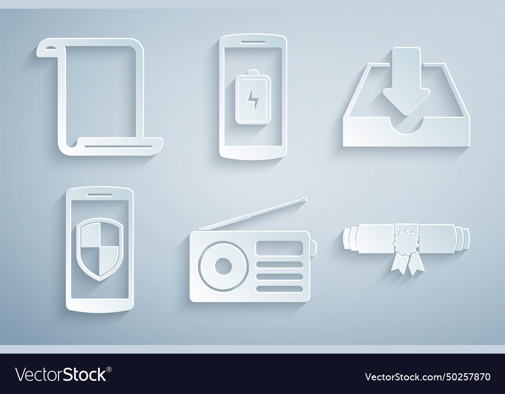 Set radio download inbox smartphone with shield vector image Set radio download inbox smartphone with shield