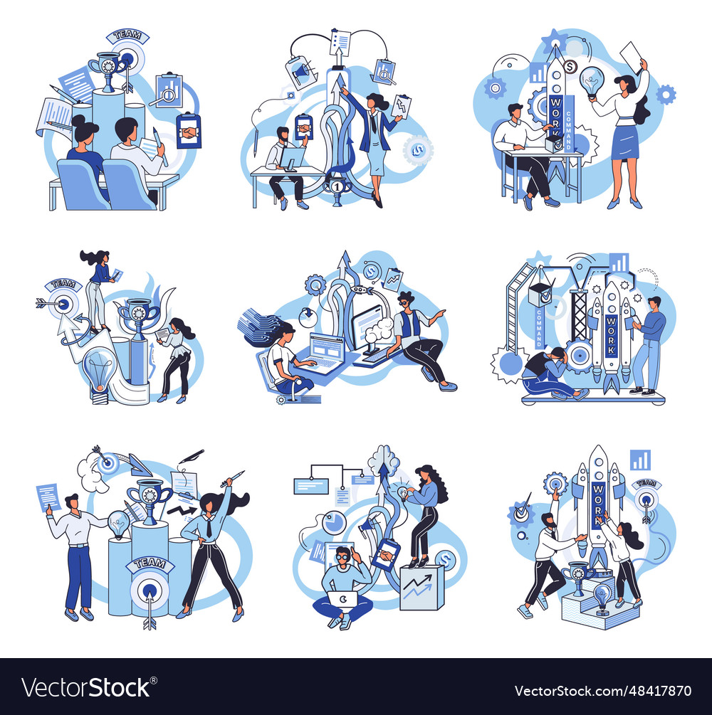 Problemlösung und Befehlsarbeit Teamwork Set vector image Problemlösung und Befehlsarbeit Teamwork Set