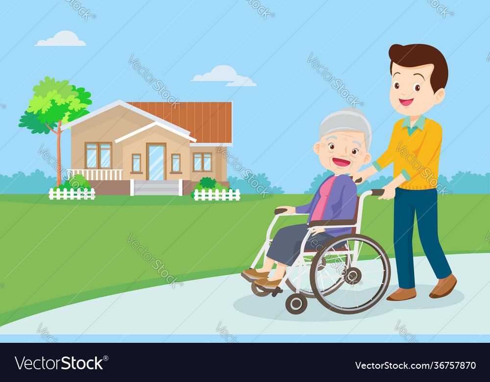 Strolling with elderly woman in wheelchair