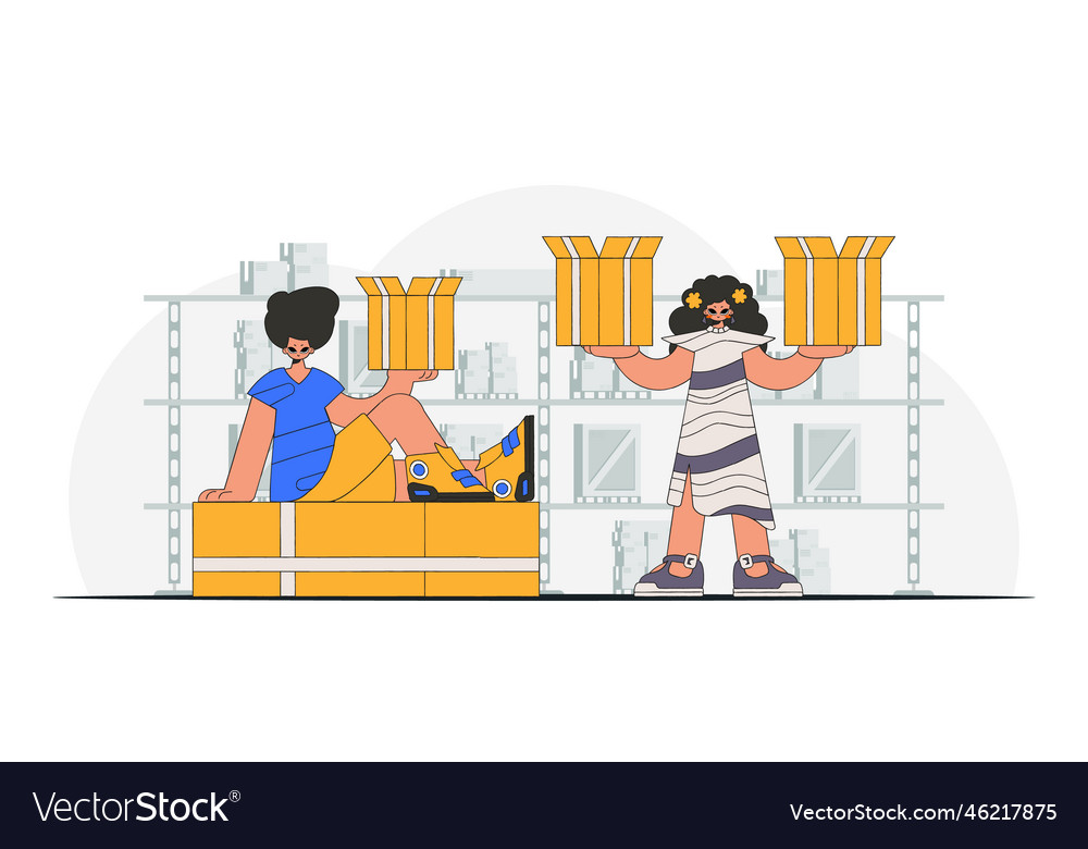 Delightful Frau und Mann halten Boxen vector image Delightful Frau und Mann halten Boxen