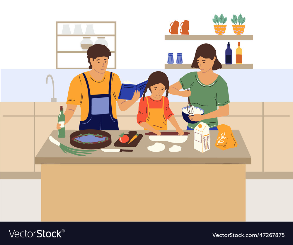 Family cooking on kitchen parents with daughter Vector Image