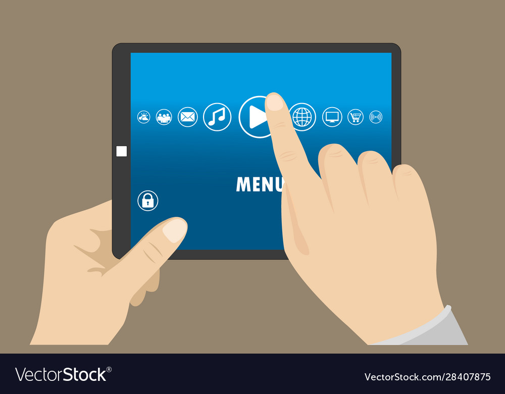 Hand touching blank screen tablet computereps vector image Hand touching blank screen tablet computereps