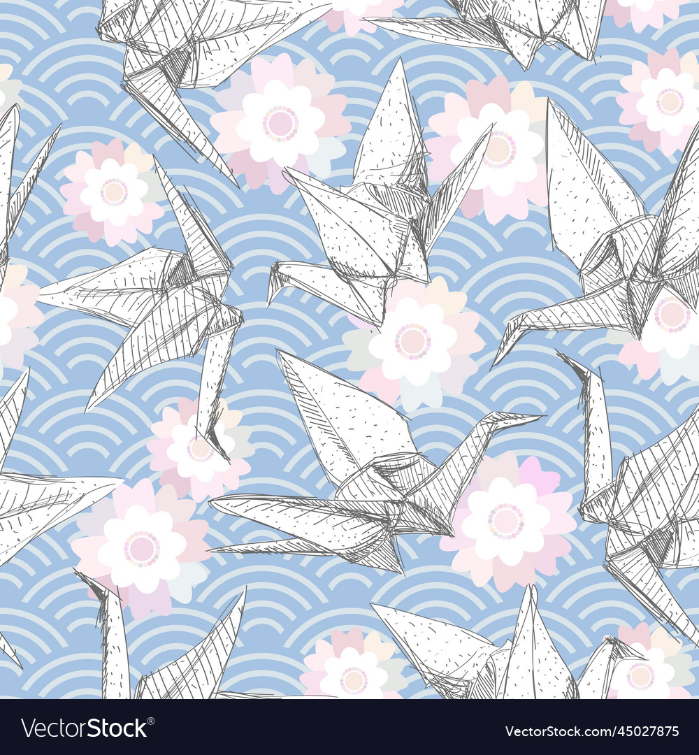Origami weiße Papierkrane setzen Skizze nahtlos vector image Origami weiße Papierkrane setzen Skizze nahtlos