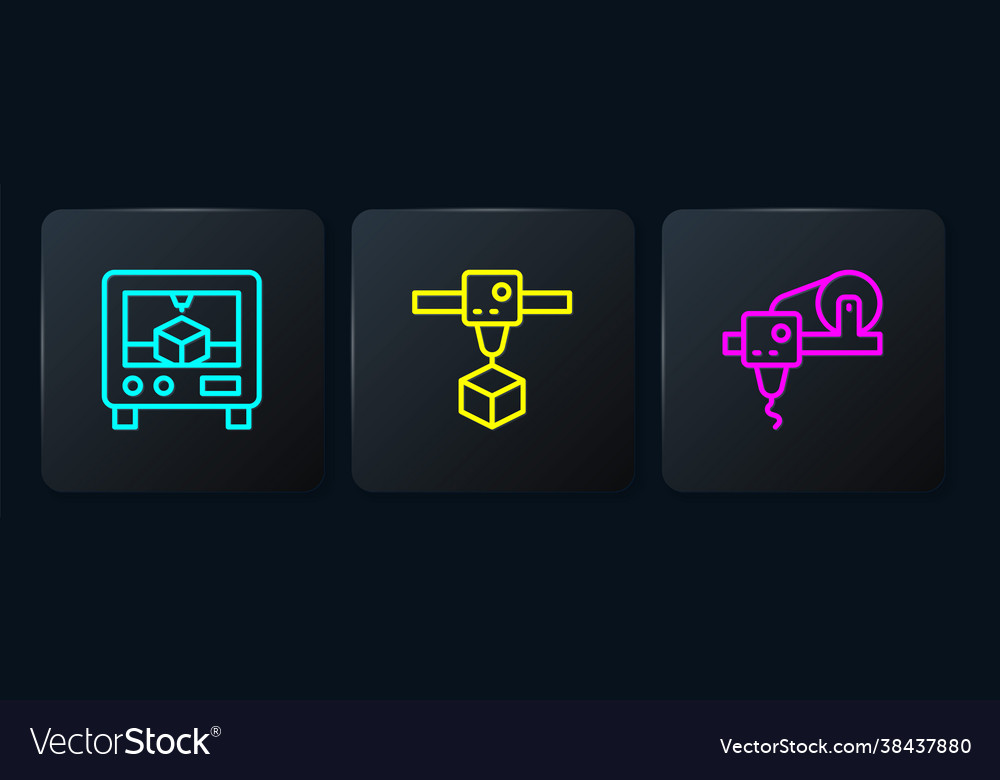Set line 3d printer and cube black square button vector image Set line 3d printer and cube black square button