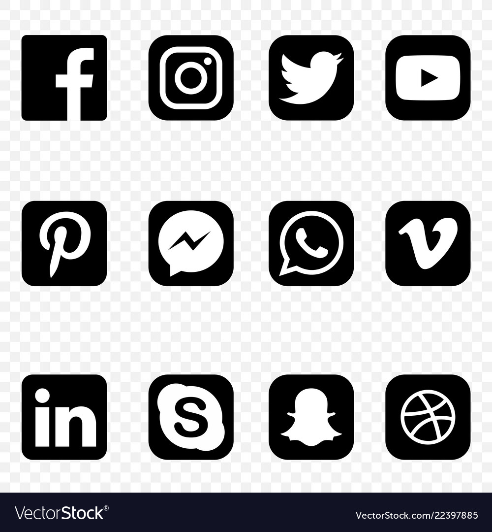 Black and white social media icons on transparent Vector Image