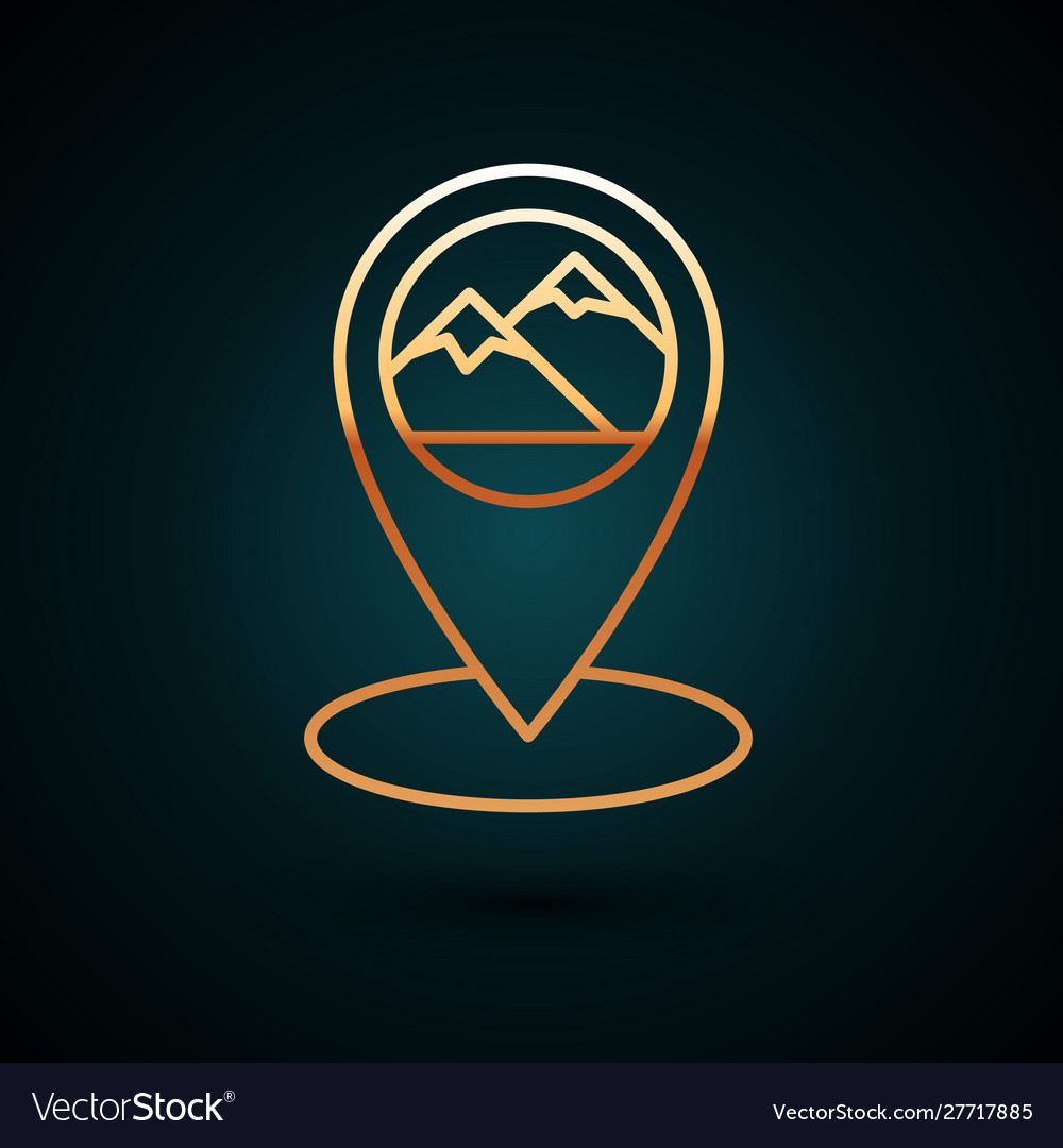 Gold line map pointer with mountain icon isolated