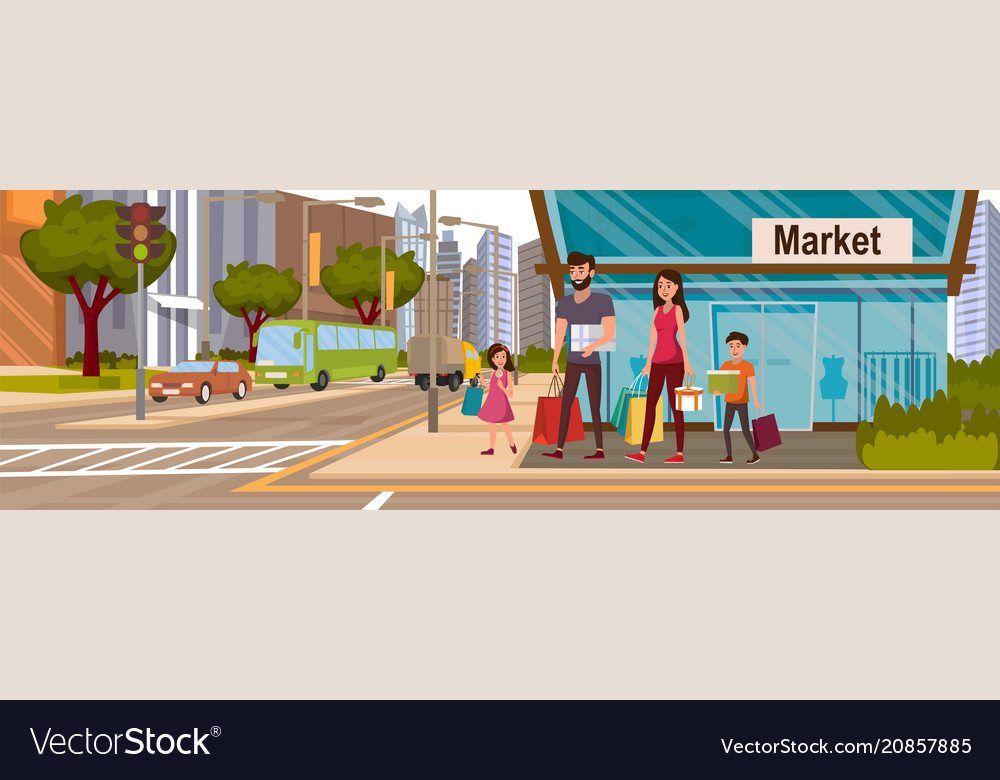 Happy Family Walking After Shopping Into Store Vector Image