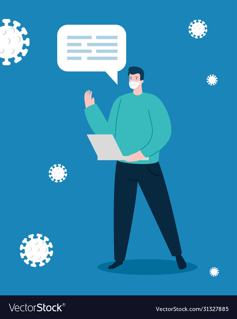 Man using face mask with laptop and particles 2019 vector image Man using face mask with laptop and particles 2019