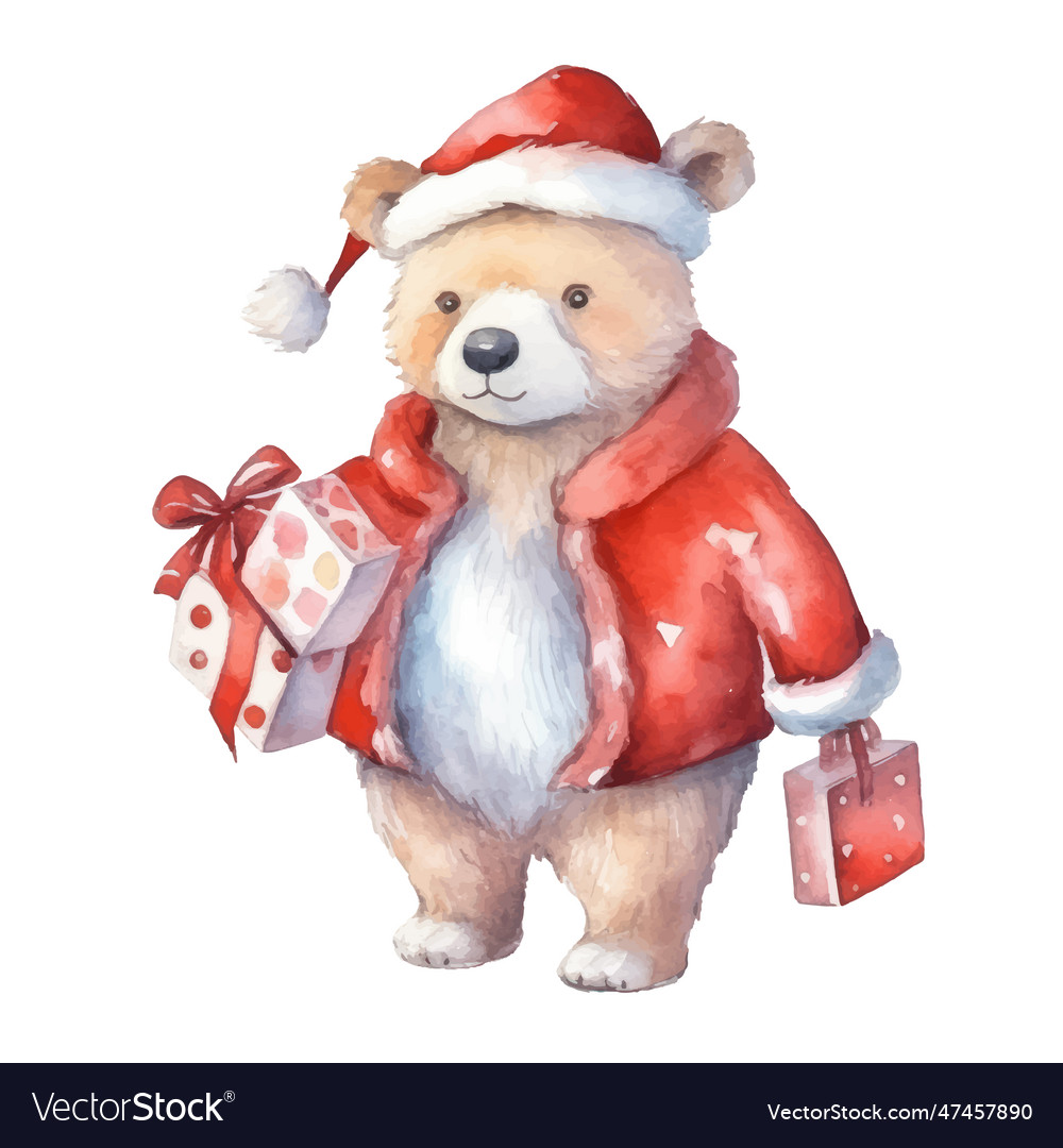 Cute watercolor christmas plush teddy bear Vector Image