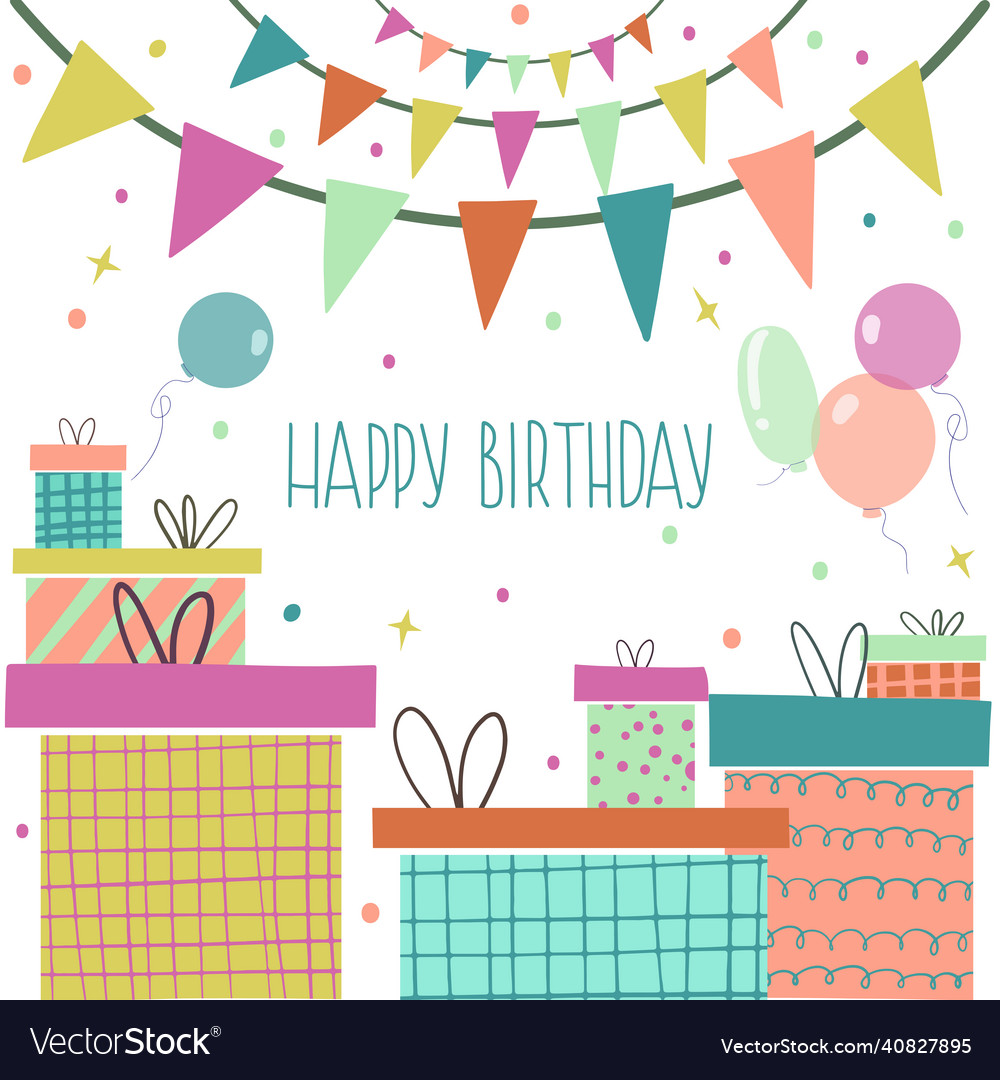 Birthday greeting card in bright colors with gift Vector Image