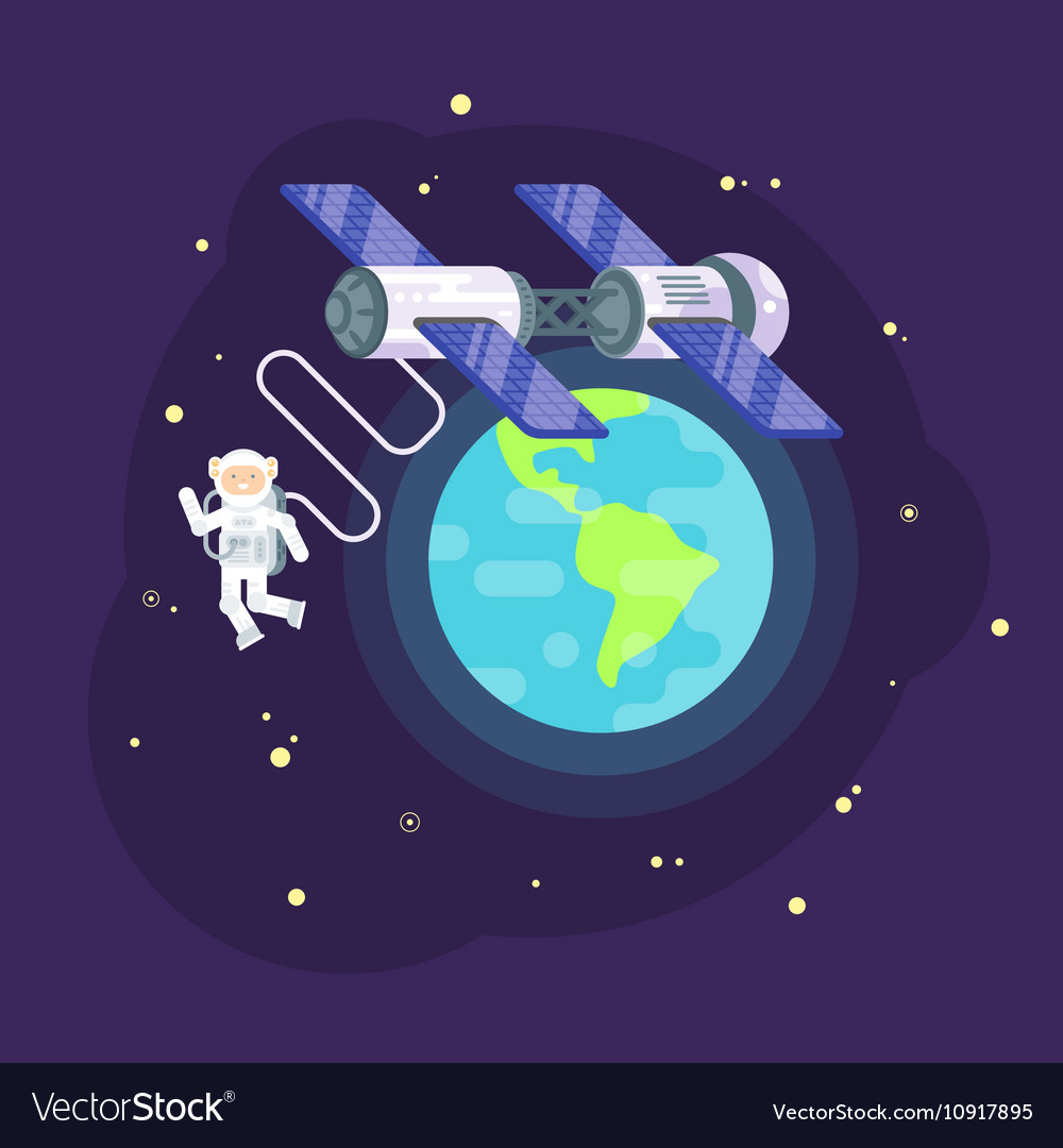 Flat style of space station and astronaut in outer