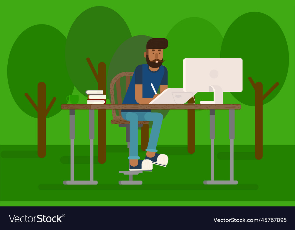 Hipster working on a computer in the park vector image Hipster working on a computer in the park
