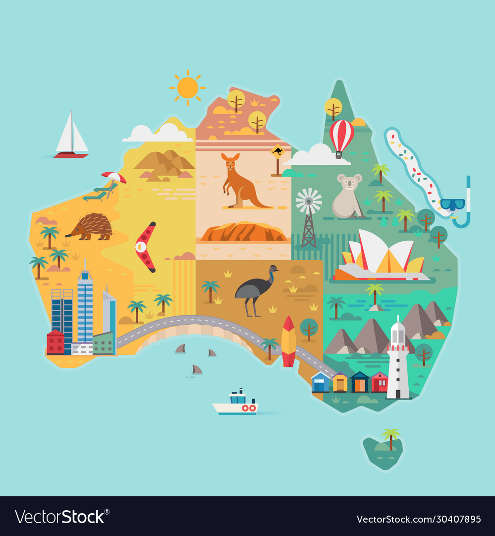 Map Australia Colorful Landmarks Royalty Free Vector Image