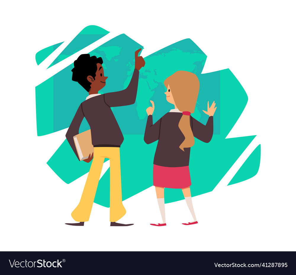 Schüler studieren die Weltkarte mit Lehrer Vector Image Schüler studieren die Weltkarte mit Lehrer