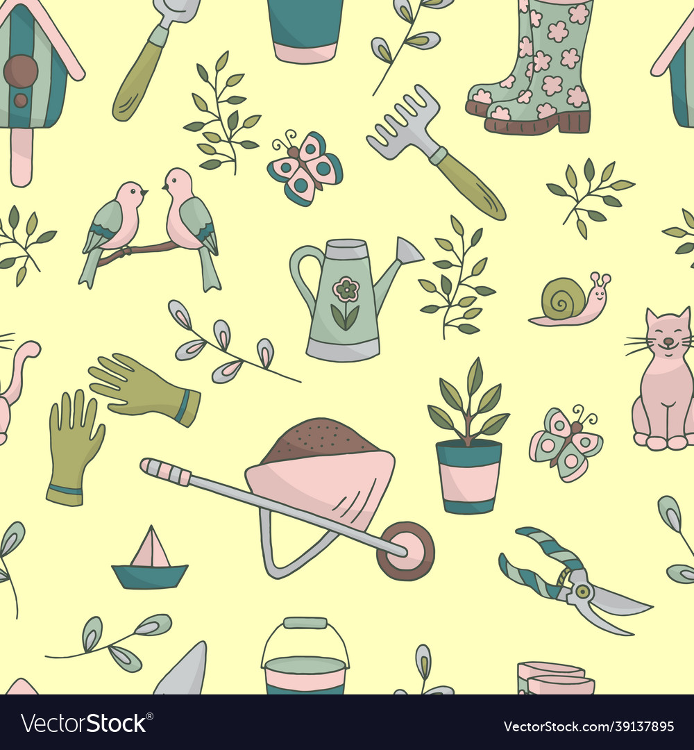 Seamless pattern with a set of garden tools