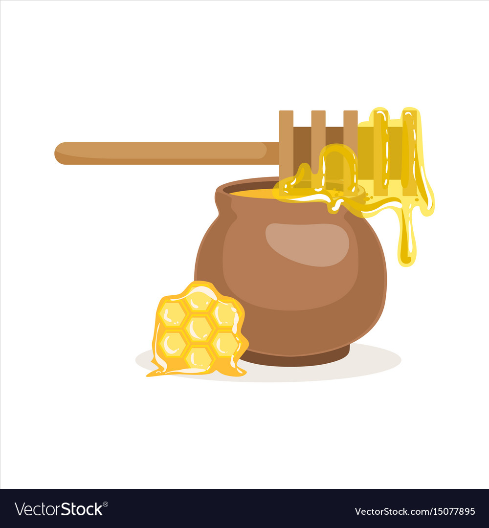 Wooden honey dipper and clay pot Royalty Free Vector Image