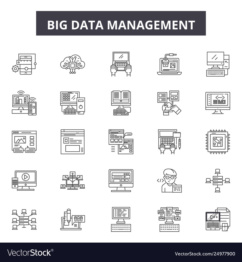 Big data management line icons signs set vector image Big data management line icons signs set