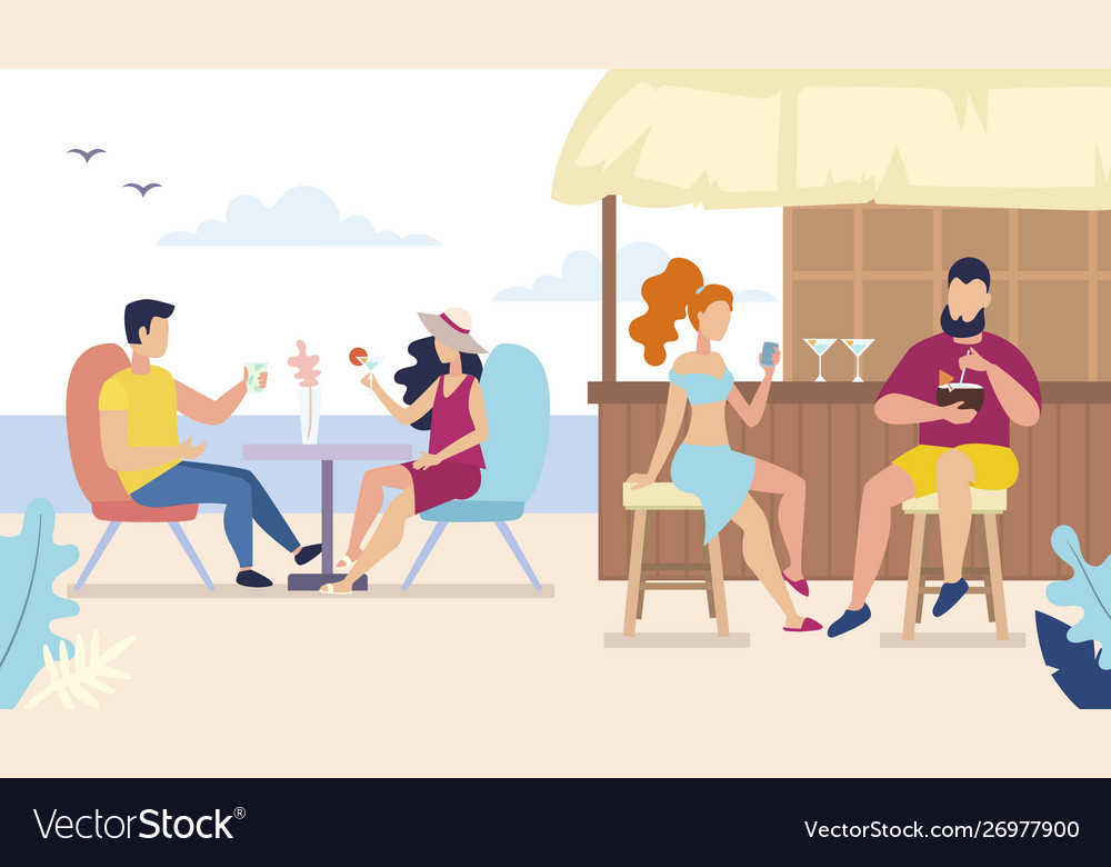 Cartoon girls and guys in cafe on beach Royalty Free Vector