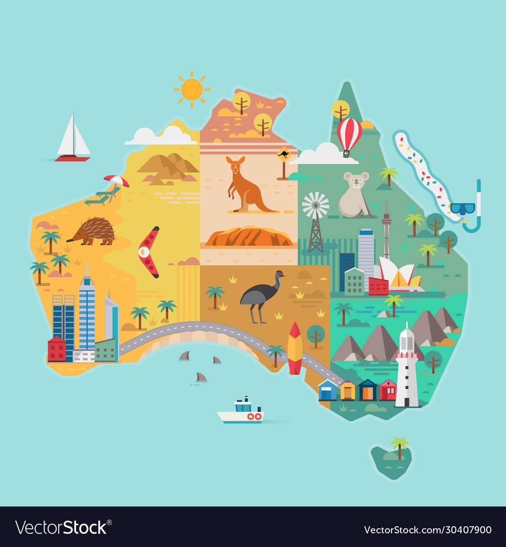 Map australia colorful landmarks Royalty Free Vector Image