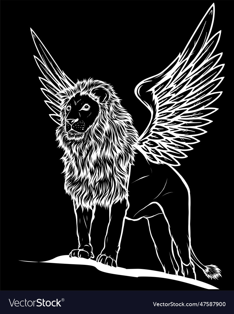 White silhouette of winged lion on black Vector Image