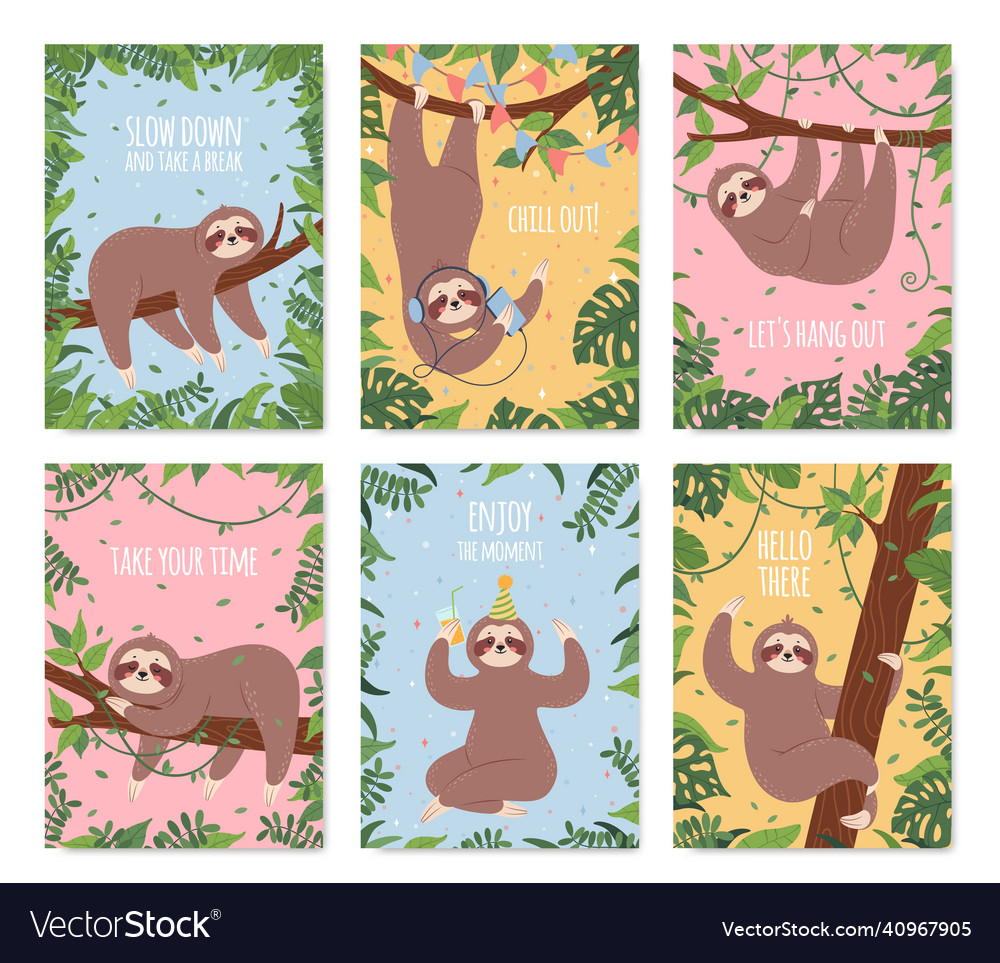 Cartoon sloth card happy sloths sleeping Vector Image