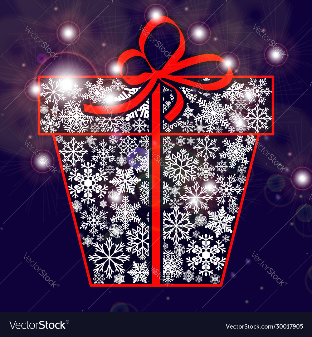 Gift box snowflakes with a bow and sparkles vector image Gift box snowflakes with a bow and sparkles