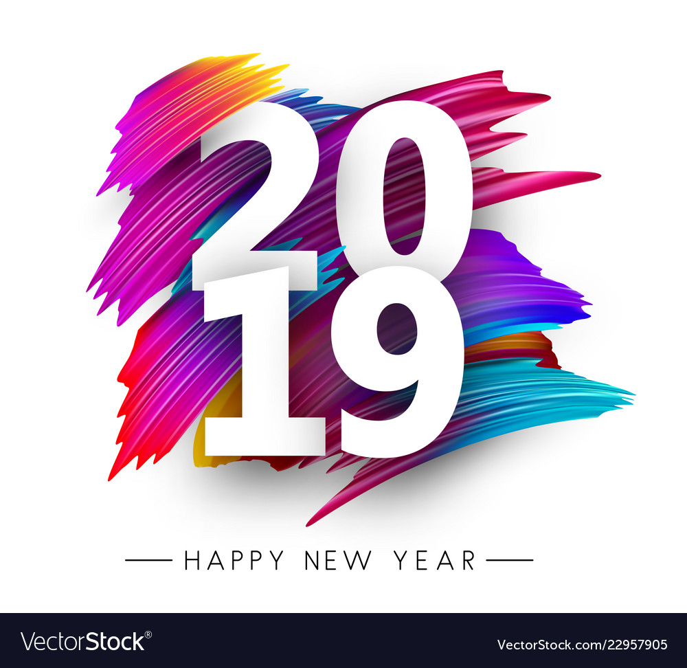 Happy new year 2019 greeting card with color brush