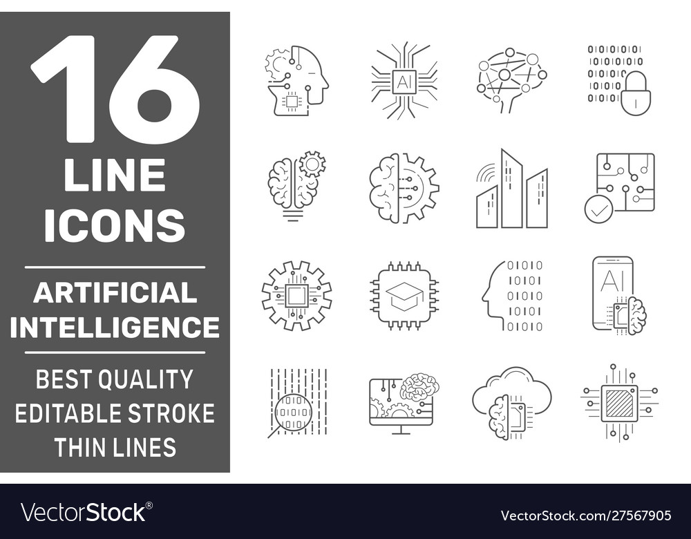 Set ai iot and machine learning line icons