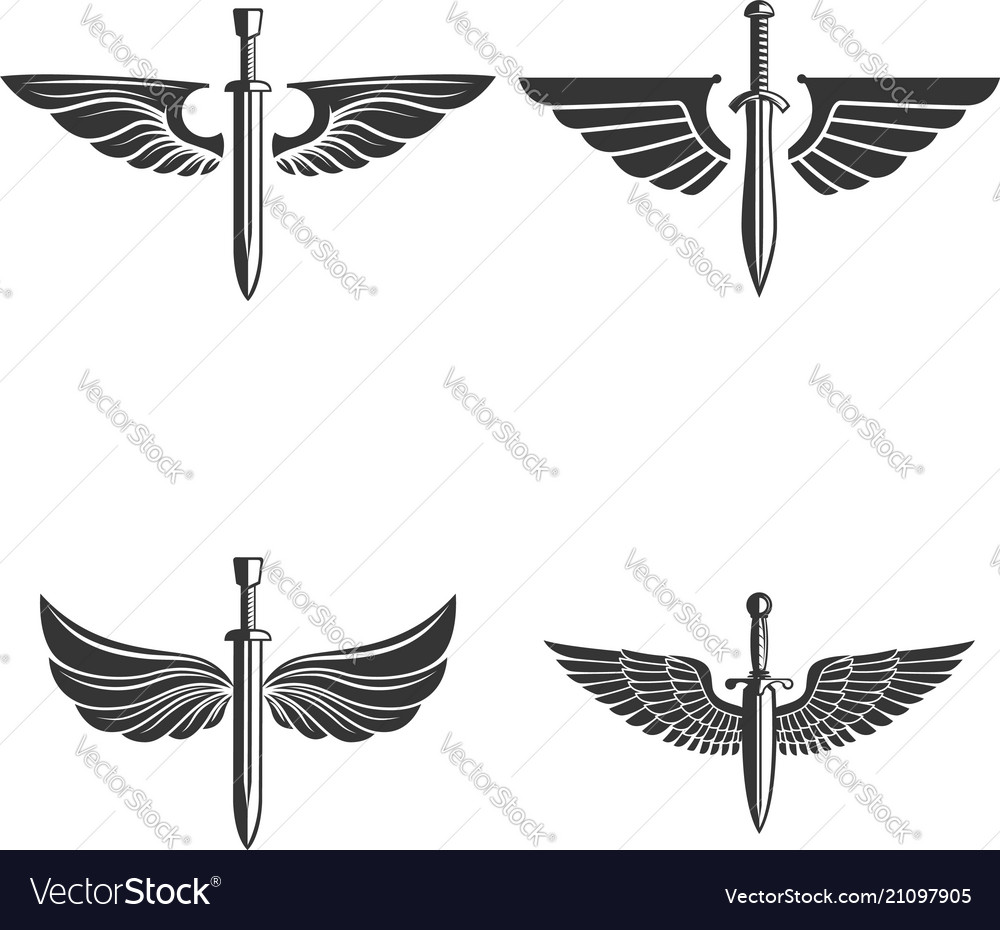 Set of emblems with medieval sword and wings Vector Image