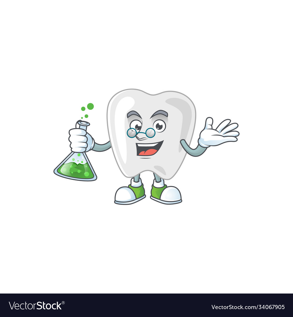 Teeth genius professor cartoon holding glass tube