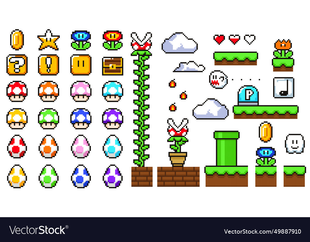 Set of pixel arcade game elements Royalty Free Vector Image